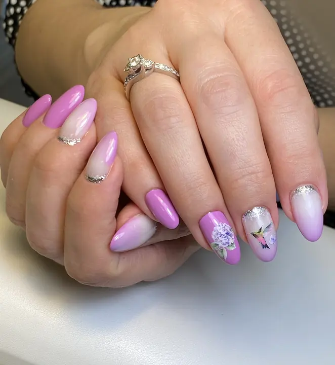 Lilac ombre almond nails with floral art