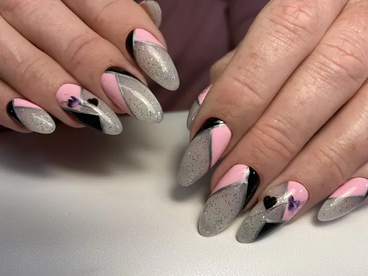 Pink, grey and black geometric nail design