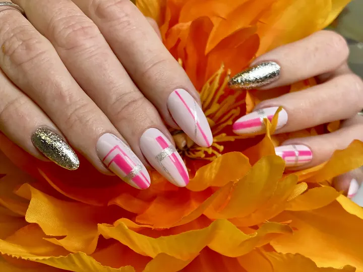 Pink and white geometric design with silver glitter