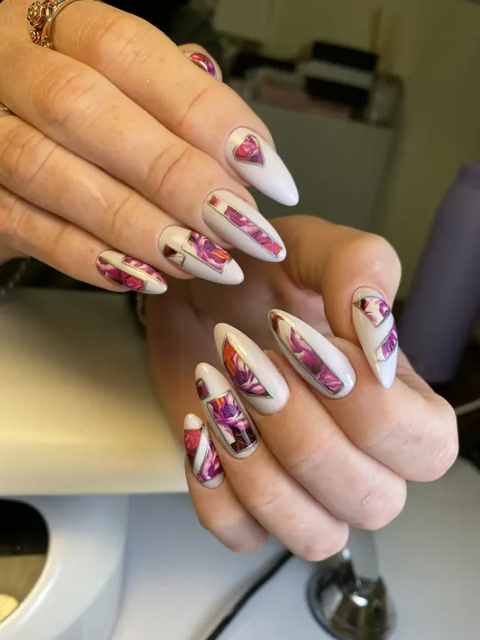 Pink and white abstract floral nail art