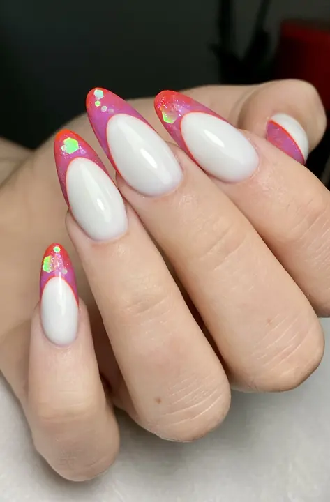 Long white almond nails with pink French edges