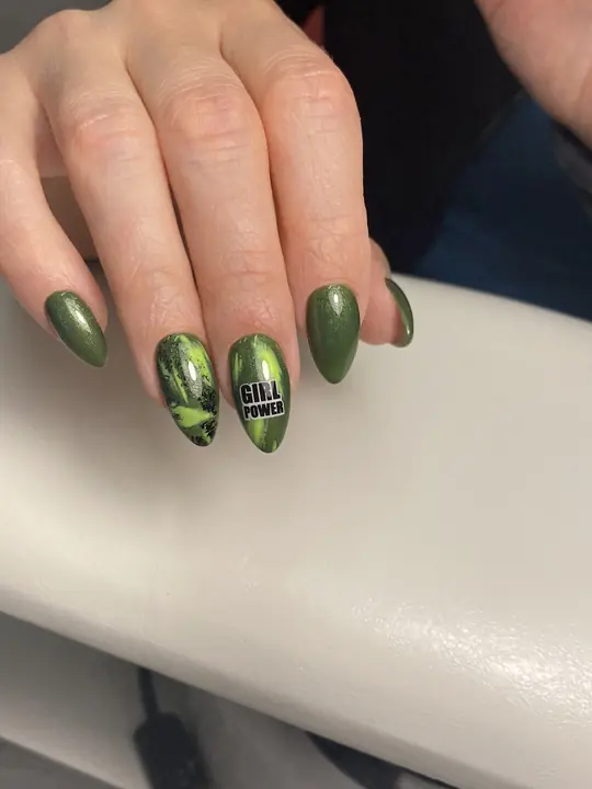 Olive green almond nails with graphic art
