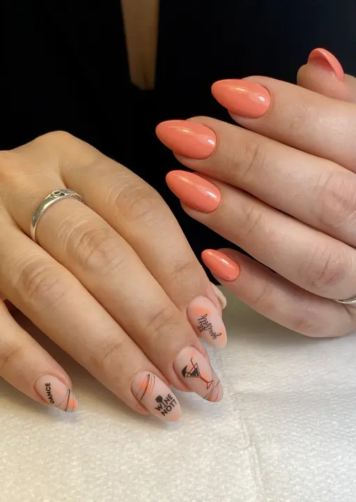 Peach almond nails with fine botanical art