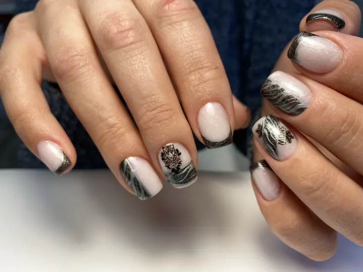 Nude manicure with black and grey artistic French