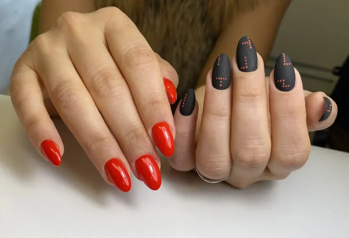 Red and charcoal gel manicure